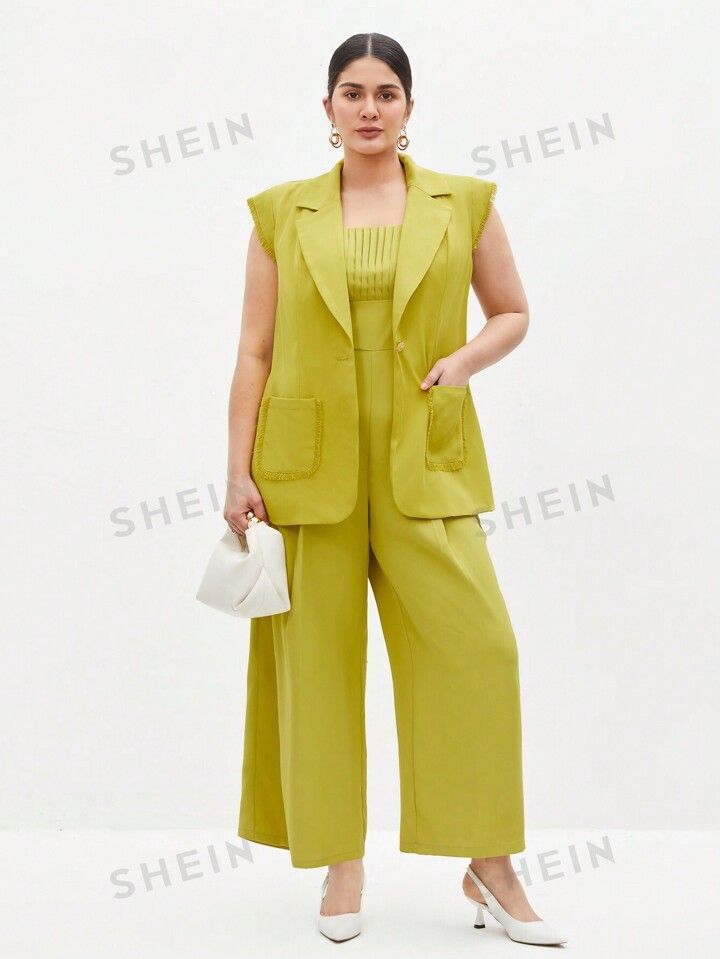 SHEIN BIZwear Plus Size Women's Lapel Collar Double Pocket Blazer | SHEIN