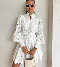 Aofur Summer Cotton V Neck Long Losse Sleeve Casual Party A-Line Dresses Embroidery Short Dress | Amazon (US)