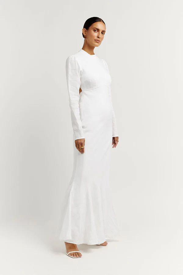 AISLE WHITE LINEN SLEEVE MIDI DRESS | DISSH