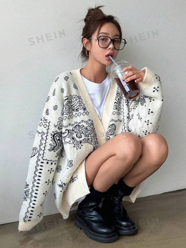 DAZY Paisley Pattern Drop Shoulder Cardigan | SHEIN USA | SHEIN