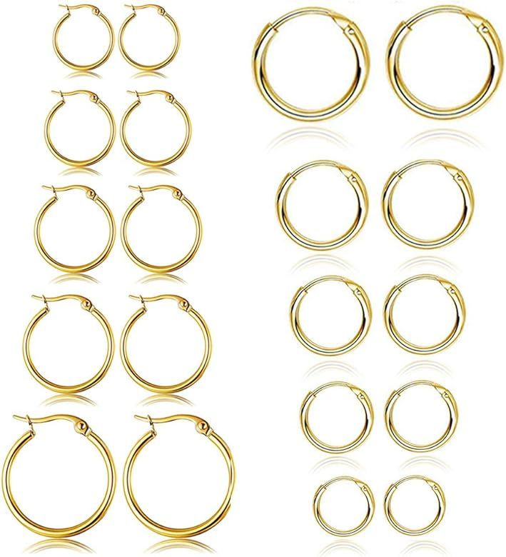 10 Pairs Small Hoop Earrings Set Stainless Steel Silver Gold Cute Hypoallergenic Earrings for Wom... | Amazon (US)