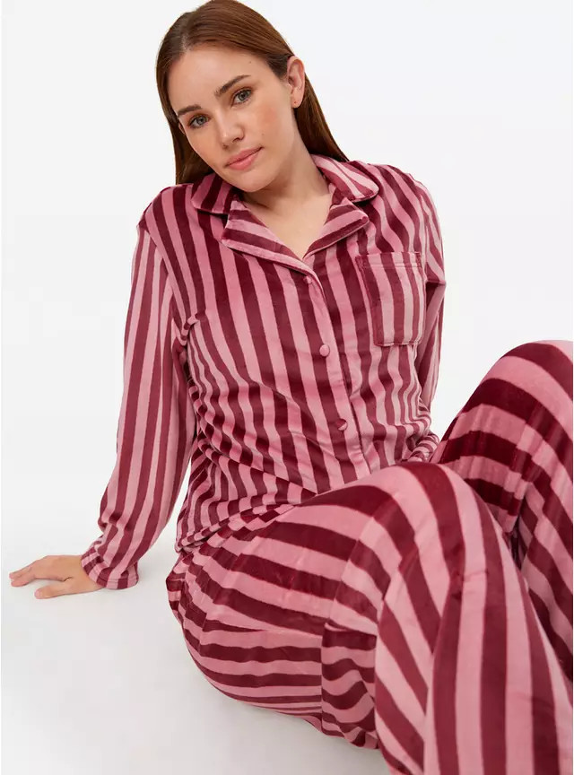 Burgundy Striped Slinky Fleece Traditional Pyjamas XL | Tu Clothing