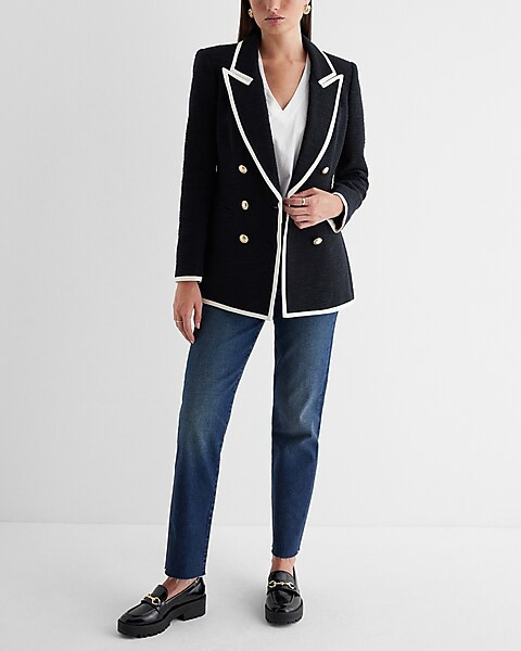 Boucle Double Breasted Tipped Novelty Button Blazer | Express