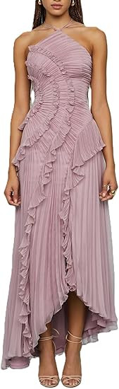 Women's Chiffon Halter Midi Dress Ruffle Backless Slit Flowy Tiered Dress Formal Summer Beach Dre... | Amazon (US)