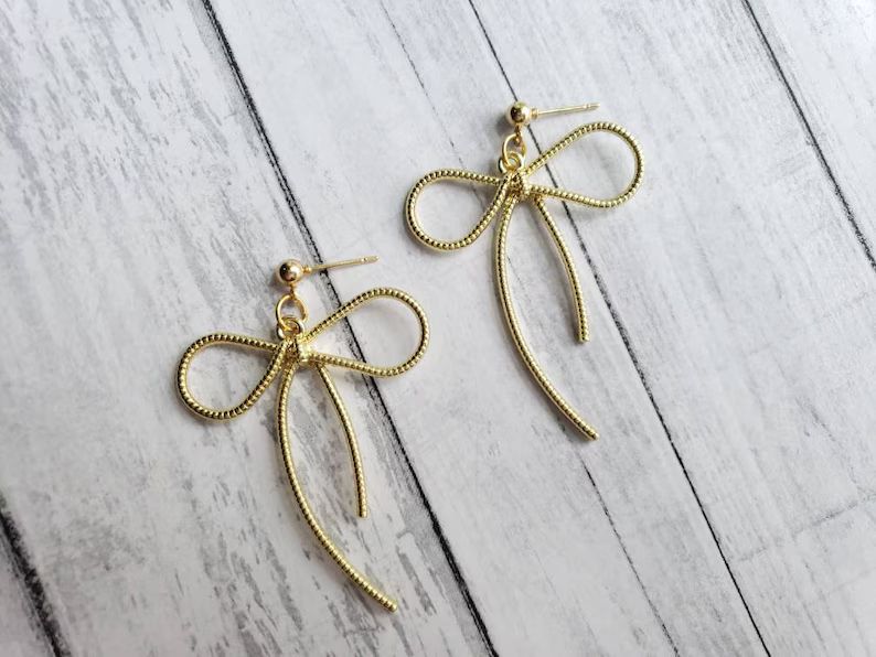 Gold Bow Earrings Big Ribbon Bow Tie Dropping Earrings | Etsy | Etsy (US)