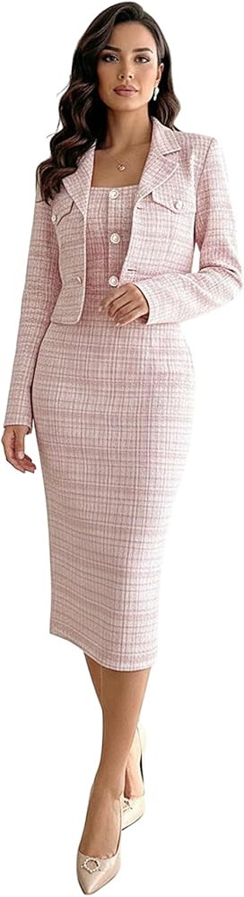 Women's 2 Piece Plaid Tweed Sets Bodycon Midi Dress with Long Sleeve Cropped Blazer Business Casu... | Amazon (US)