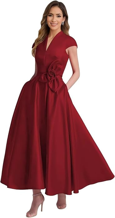 Tea Length Satin Mother of The Bride Dresses for Women A Line V Neck Cap Sleeve Formal Evening Party Gowns | Amazon (US)