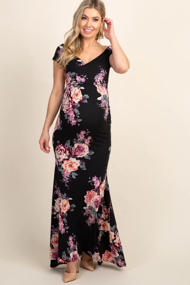 PinkBlush Black Rose Floral Off Shoulder Wrap Maternity Photoshoot Gown/Dress | PinkBlush Maternity