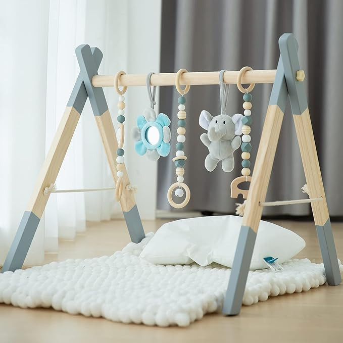 Wooden Baby Play Gym, Avrsol Foldable Baby Play Gym Frame Activity Gym Hanging Bar with 5 Gym Bab... | Amazon (US)