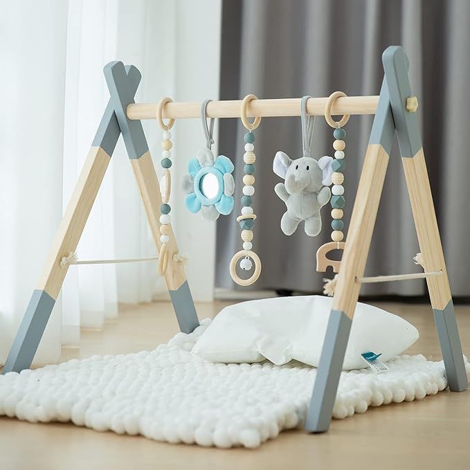 Wooden Baby Play Gym, Avrsol Foldable Baby Play Gym Frame Activity Gym Hanging Bar with 5 Gym Bab... | Amazon (US)