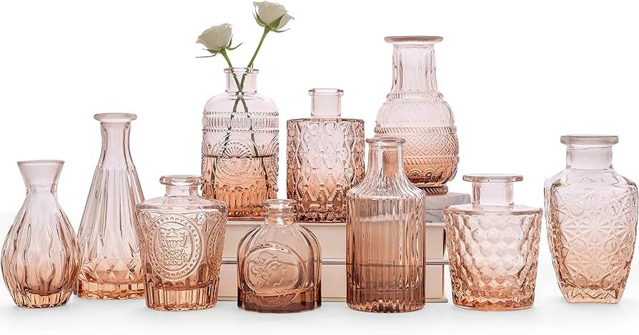 Amber Glass Bud Vase Set of 10 - Small Vases for Flowers, Bud Vases in Bulk, Cute Glass Vases for... | Amazon (US)