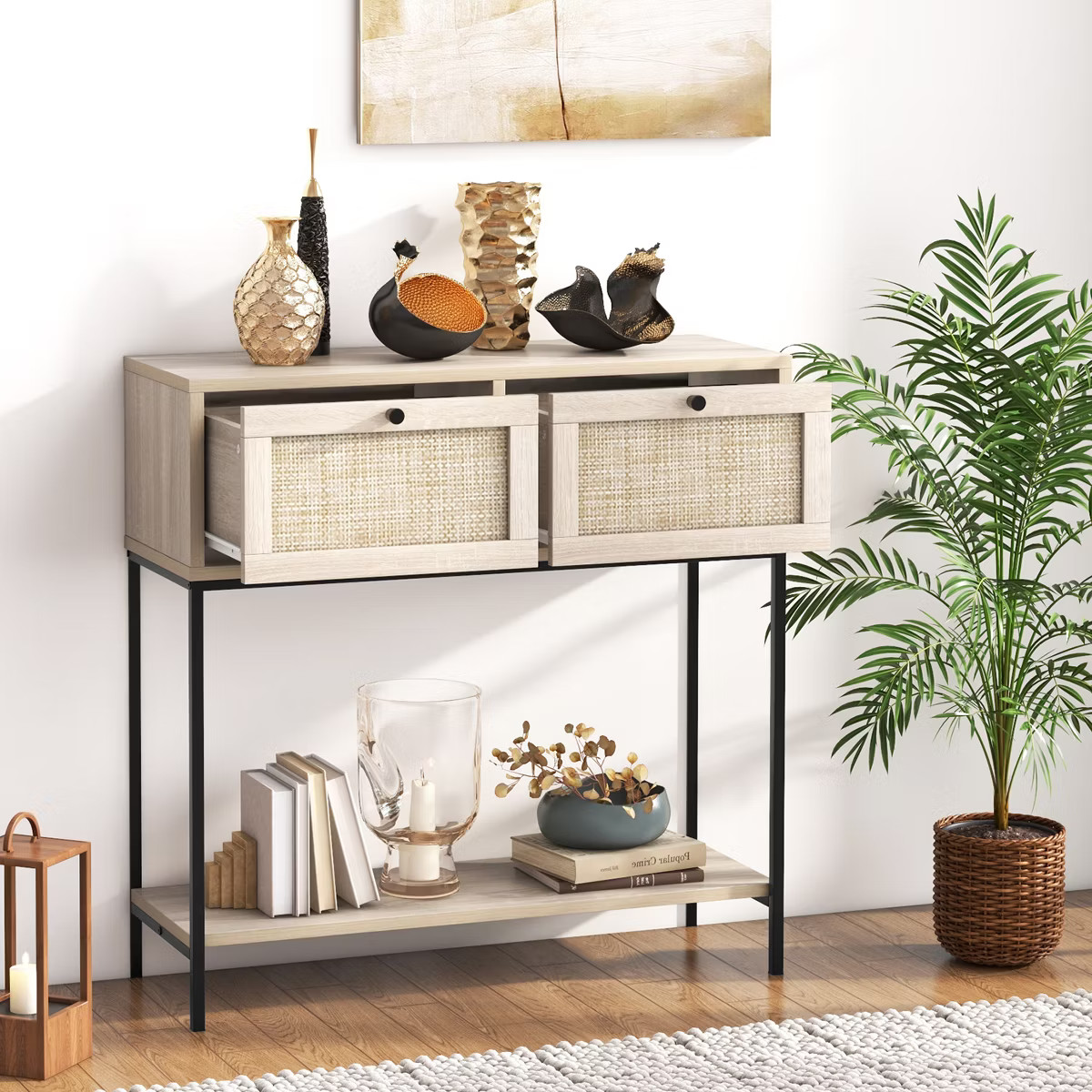 Tangkula Console Table Entryway Table Long Sofa Side Table w/ Open Shelf & Rattan Drawers | Target