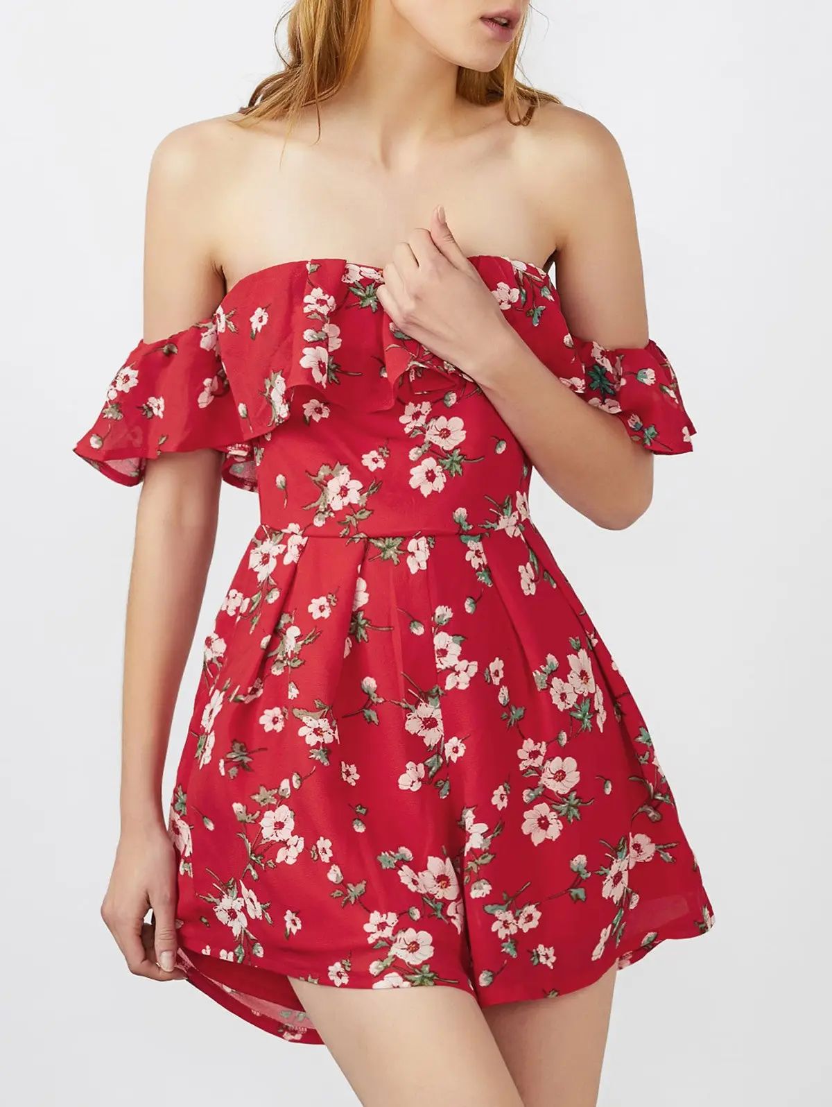 Off The Shoulder Ruffle Floral Romper | Rosegal US