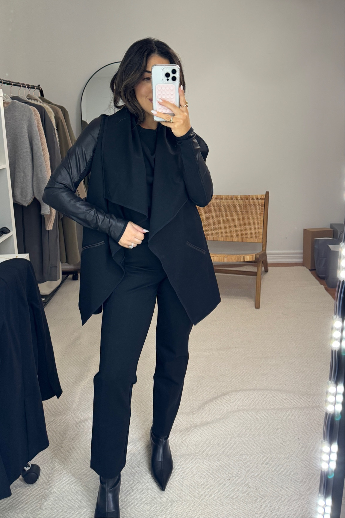 The Spanx sale has started!! 20% off everything!!! 
Jacket - small 
Bottoms - small petite 
Tshirt - small 