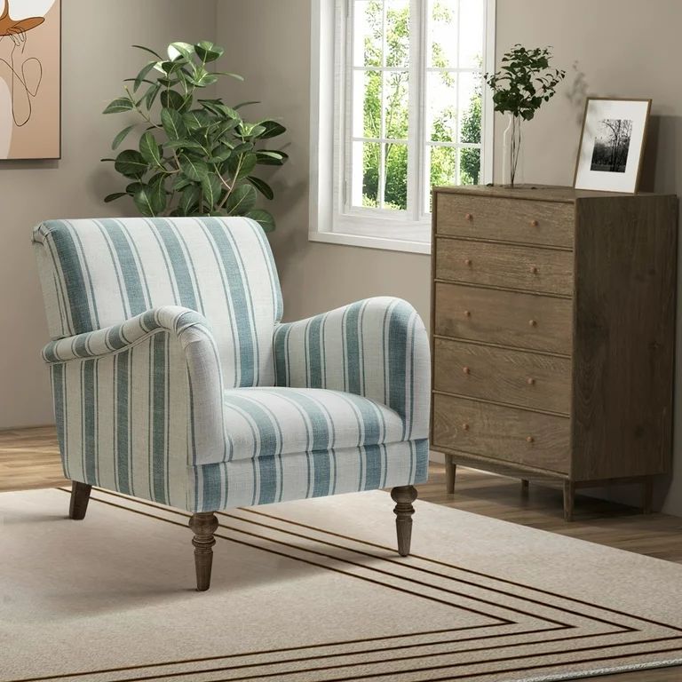 Stripe Armchair Upholstered Wooden Legs Accent Chair for Home Living Room Bedroom Adult Blue Stri... | Walmart (US)