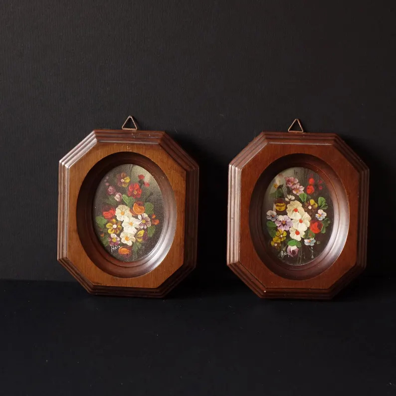set of two hexagonal oval frames, made of wood with hand-painted floral theme and oval glass. | Etsy (US)