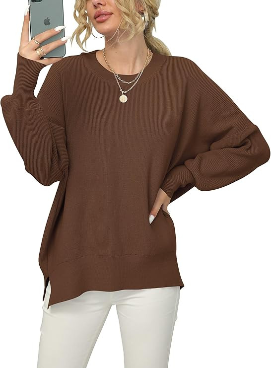 ANRABESS Women Crewneck Batwing Sleeve Oversized Side Slit Ribbed Pullover Sweater Top | Amazon (US)