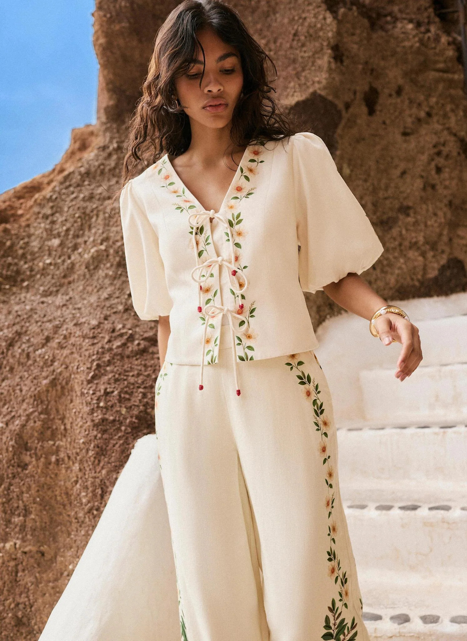 Cream Linen Blend Floral Print Top | Mint Velvet