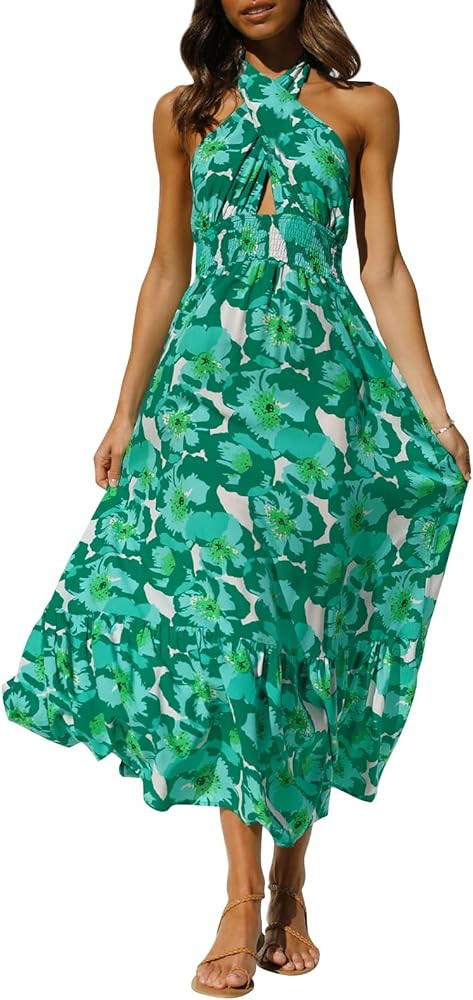 ZESICA Women's 2025 Summer Crossover Halter Neck Sleeveless Plaid Cut Out Backless Flowy A Line M... | Amazon (US)