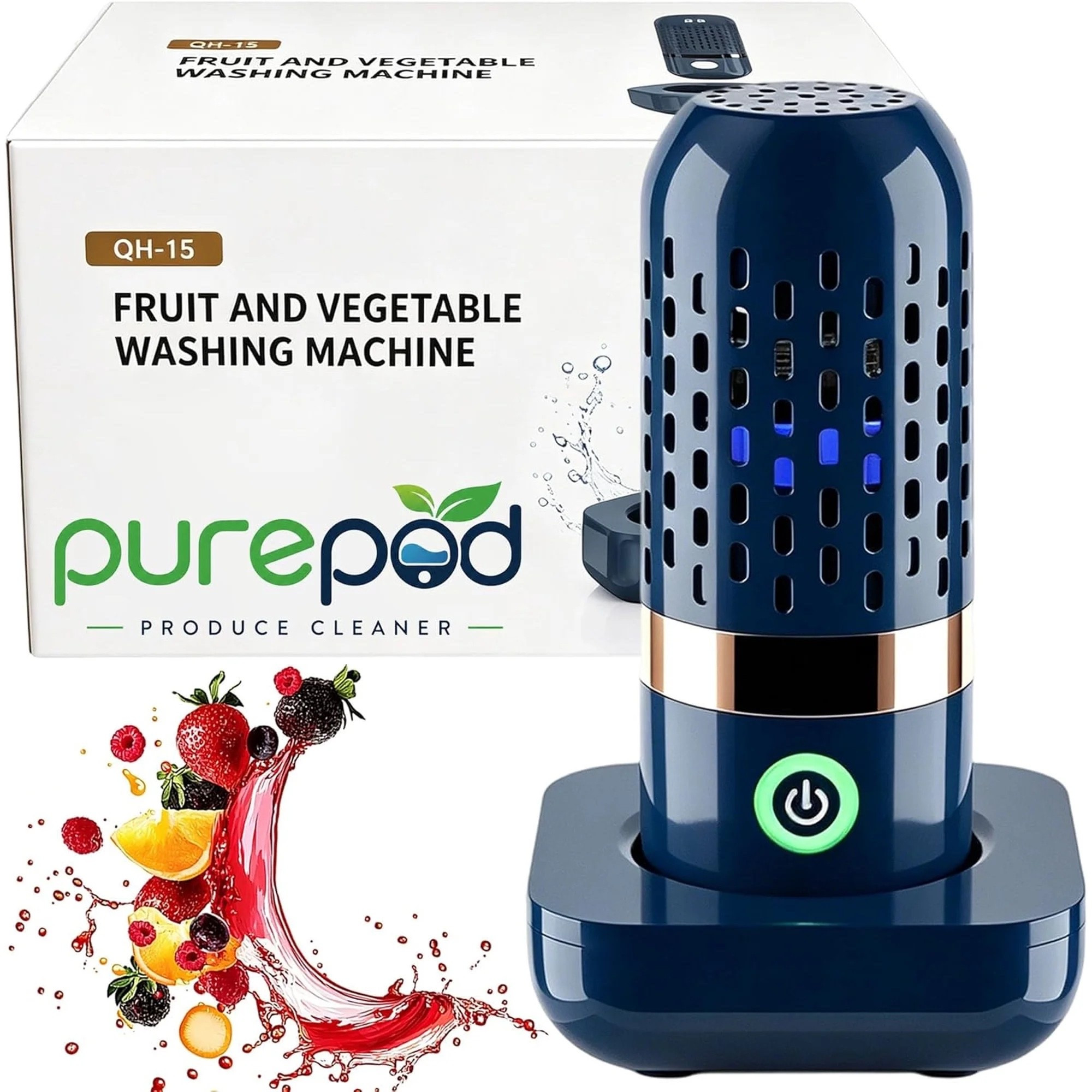Purepod Produce Cleaner - Portable Fruit and Vegetable Washing Machine, OH-ion Food Purifier for Deep Cleaning Surface Residues, IPX7 Waterproof Cordless Device for Berries & Meat