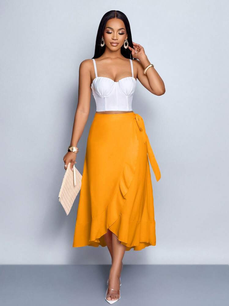 SOLERSUN Effen wikkelzoom strik rok maxi damesoutfit | SHEIN