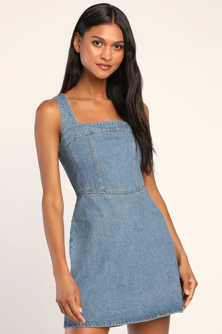 So Delighted Medium Wash Denim Corset Seam Mini Dress | Lulus