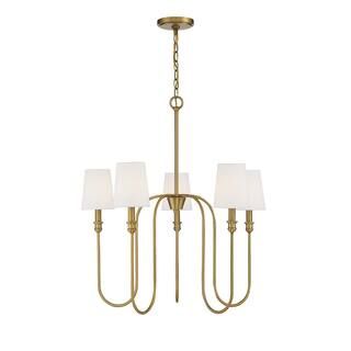 Savoy House 27.25 in. W x 29.25 in. H 5-Light Natural Brass Chandelier with White Fabric Shades M... | The Home Depot
