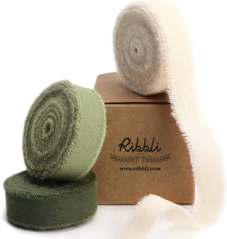 Ribbli 3 Rolls Green Ribbon 5/8 Inch x 18Yards Ivory Sage Moss Handmade Cotton Frayed Fringe Ribb... | Amazon (US)