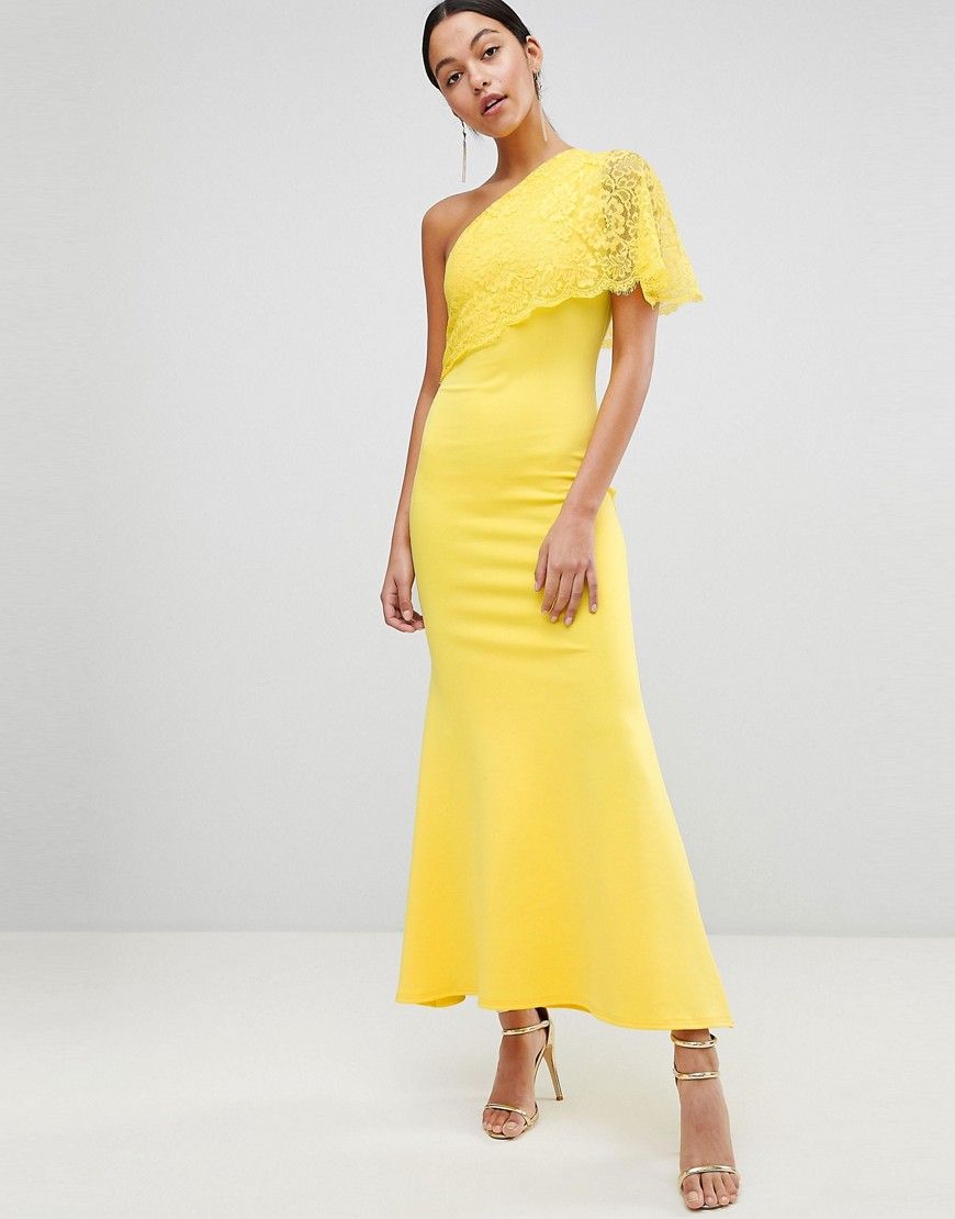 Club L One Shoulder Lace Cape Overlay Detailed Maxi Dress - Yellow | ASOS US