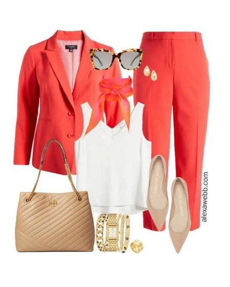 Plus Size Spring Work Capsule 2024 - Part 2 - Plus size hot coral suiting with a white blouse and printed scarf. Alexa Webb #plussize

#LTKworkwear #LTKplussize #LTKSeasonal