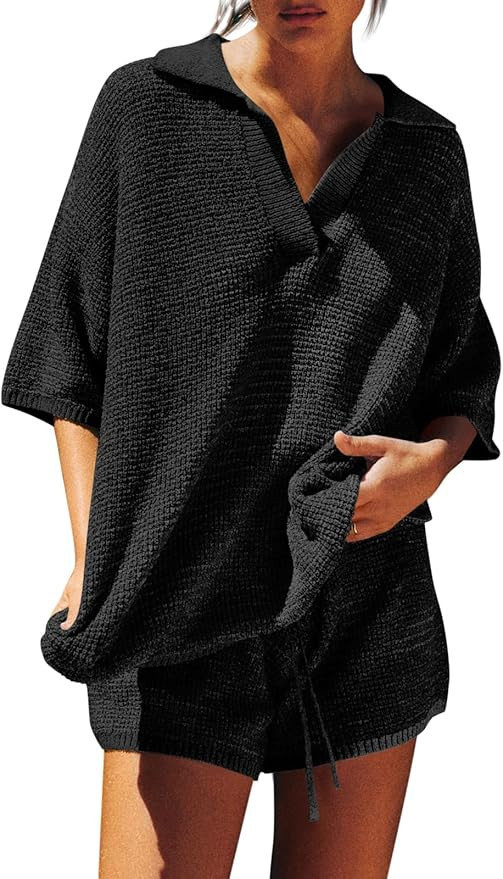 Tankaneo Womens Sweater Set 2 Piece Outfits Oversized 3/4 Sleeve V Neck Knit Tops High Waisted Sh... | Amazon (US)