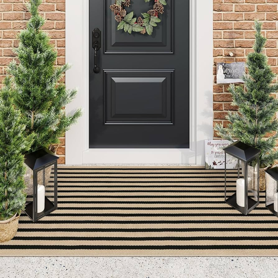 Black and Tan Outdoor Rugs, 3x5 Stripe Front Porch Rugs Hand-Woven Front Door Mat, Washable Cotto... | Amazon (US)