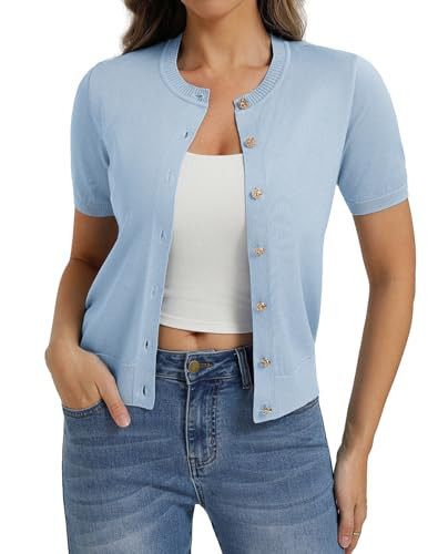 Belle Poque Women Short Sleeve Cardigan Sweater Lithtweight Crewneck Button Up Summer Cardigan (Light Blue, S) | Amazon (US)