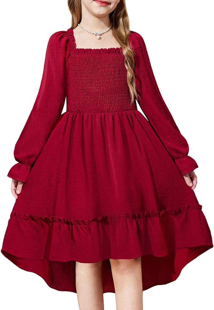 Arshiner Girls Dresses Puff Long Sleeve Fall Winter Smocked High Low Swing Midi Dress with Pocket... | Amazon (US)