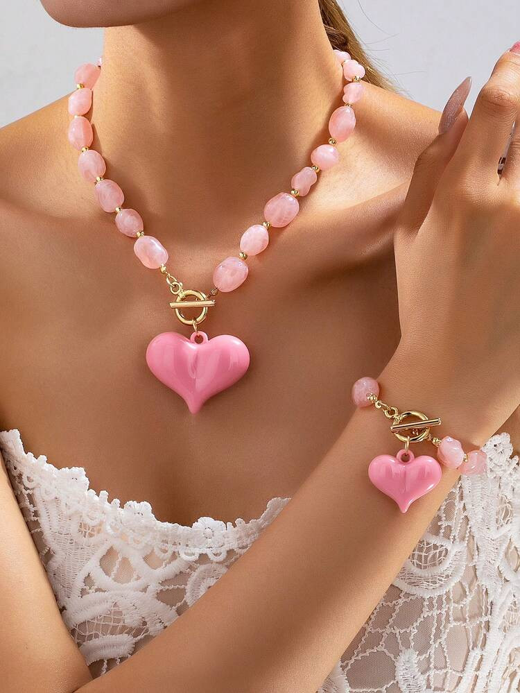 2pcs Women Jewelry Set, Acrylic Beaded Heart Pendant Necklace And Bracelet Set, Suitable For Beac... | SHEIN