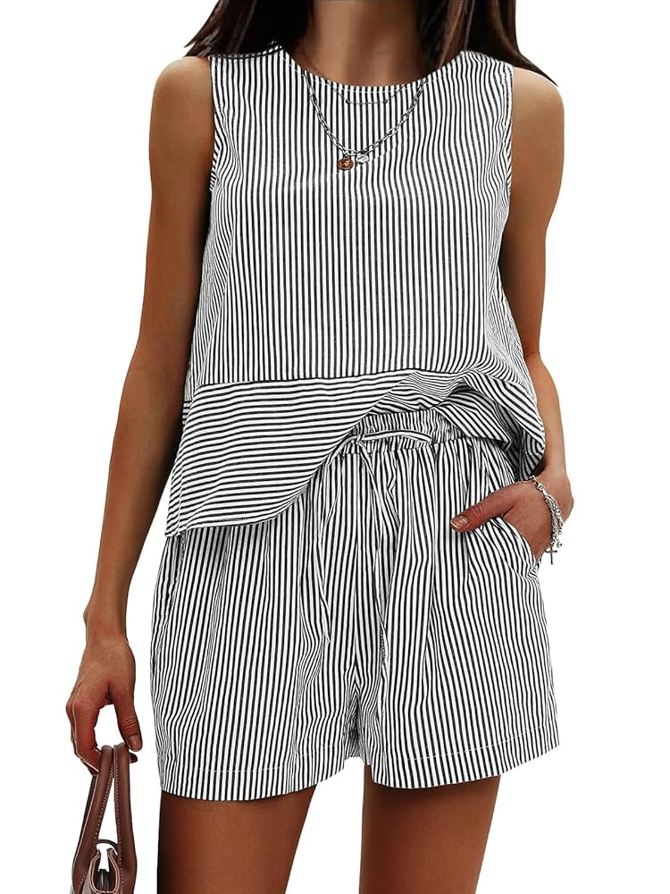 EXLURA Women's Summer 2 Piece Outfits Sleeveless Tank Top Matching Shorts Sets Cotton Striped Swe... | Amazon (US)