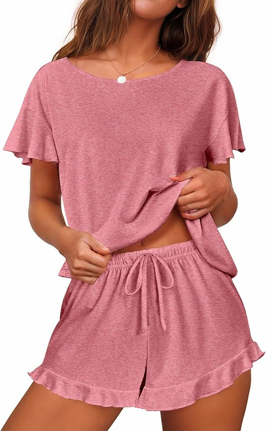Ekouaer Women's Pajama Set Ruffle Sleeves Top and Short Soft 2 Piece Loungewear Set | Amazon (US)