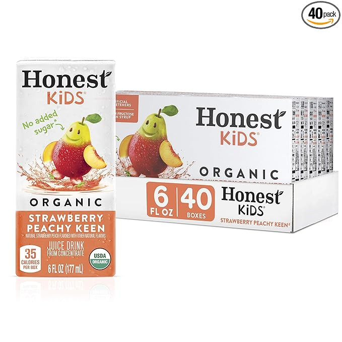 Honest Kids Strawberry Peachy, Organic Juice Drink, 6 Fl oz Juice Boxes, Pack Of 40, Strawberry P... | Amazon (US)