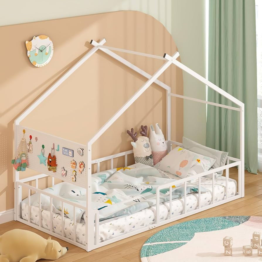 Timy Twin Size Montessori House Bed for Kids, Metal Floor Bed with Pegboard | Amazon (US)