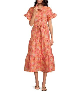 Abbey Glass Floral Print Sadie Ruffle Short Sleeve Tie Waist Tiered Pocketed Midi Dress | Dillard... | Dillard's