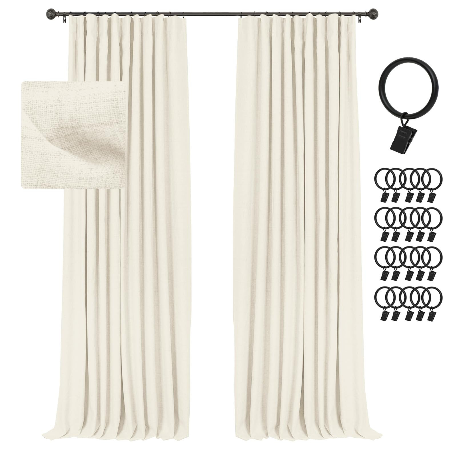 INOVADAY 100% Blackout Curtains for Bedroom, Black Out Curtains 63 Inch Long, Clip Rings Linen Bl... | Amazon (US)