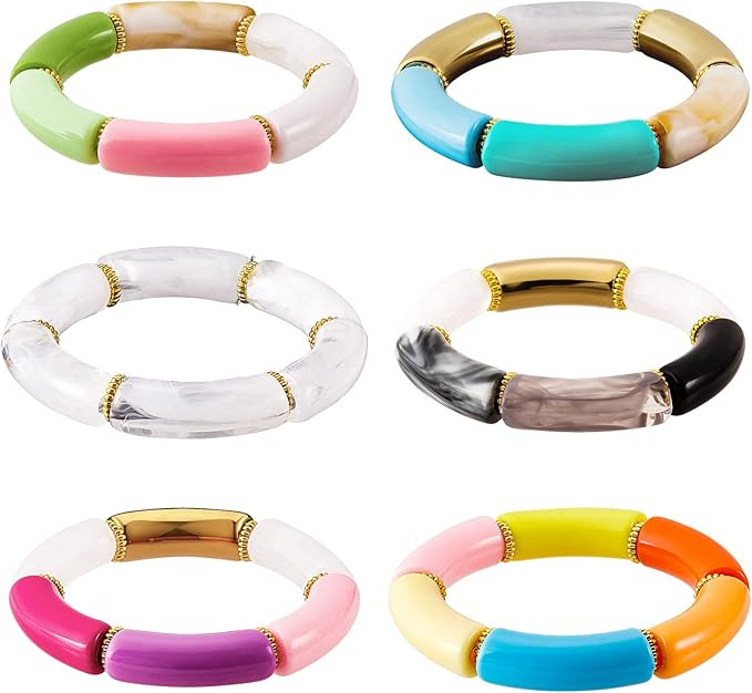 Ornaland 6 Pcs Bamboo Tube Bangles Bracelets Chunky Curved Stacking Acrylic CCB Plastic Beads Str... | Amazon (US)