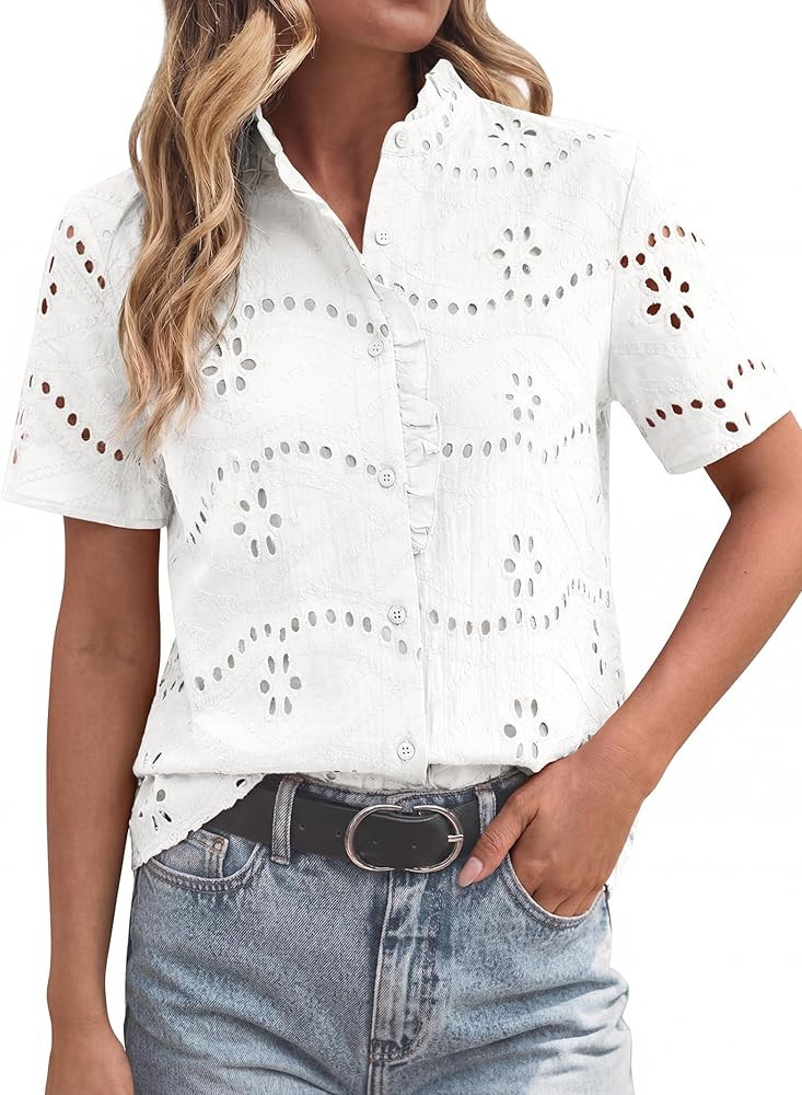 Funlingo Womens Summer Tops Dressy Casual Short Sleeve Lace Hollow Eyelet Ruffle Blouses Embroide... | Amazon (US)
