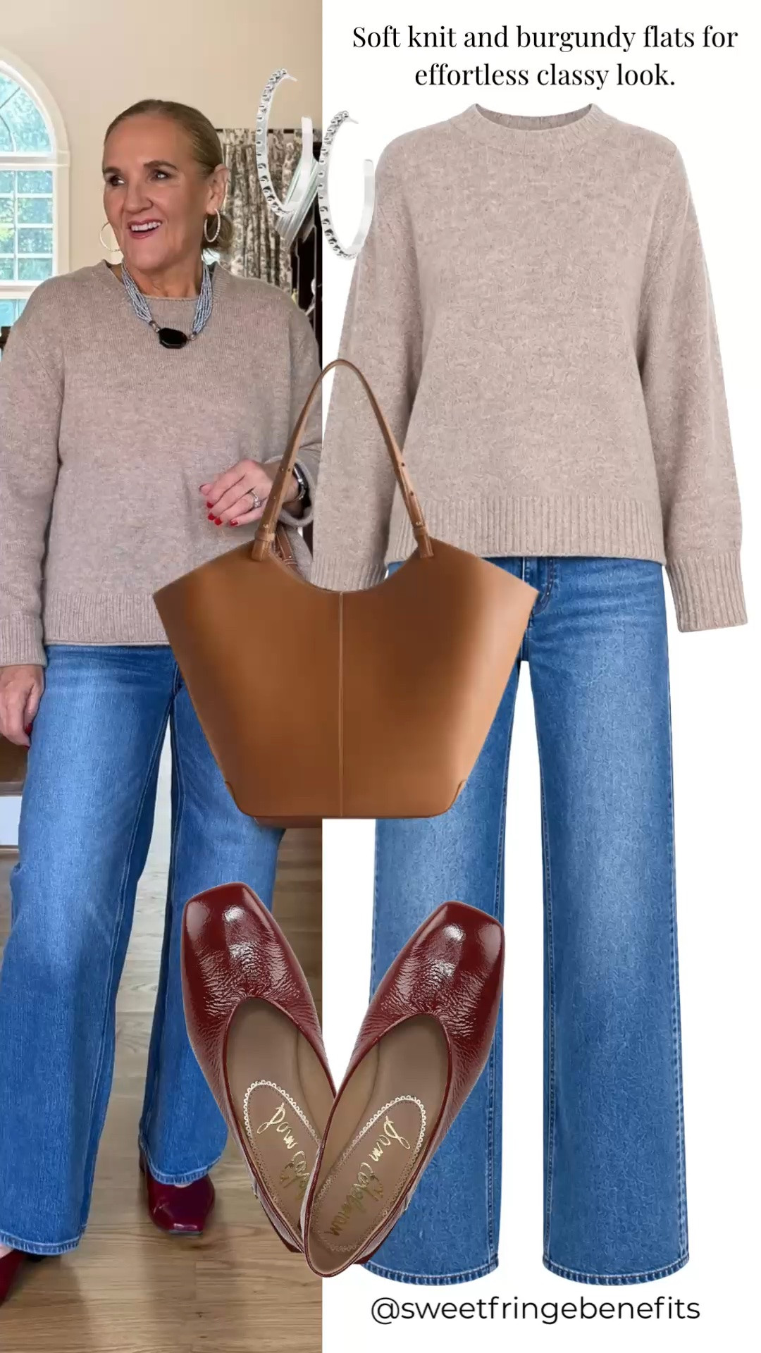 This soft taupe knit sweater and straight-leg denim are a timeless combination. Burgundy pointed-toe flats add a rich pop of color, while the cognac tote keeps the look polished and versatile.

💡 LTK MADE EASY
❤️ Heart = Support my posts!
🔖 Save = Get sale & restock alerts
📋 Lists = Keep favorites organized
📲 Share = Send lists and products to a friend. Hello, Christmas List!
💬 Comment = Ask me anything about what I'm wearing.:-)

#LTKdayinmylife #LTKgrwm #LTKootd