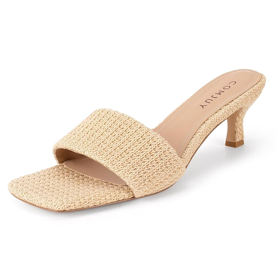 Raffia Mule Sandals for Women Square Toe Slip On Kitten Heels Woven Heeled Slides for Summer Dres... | Amazon (US)