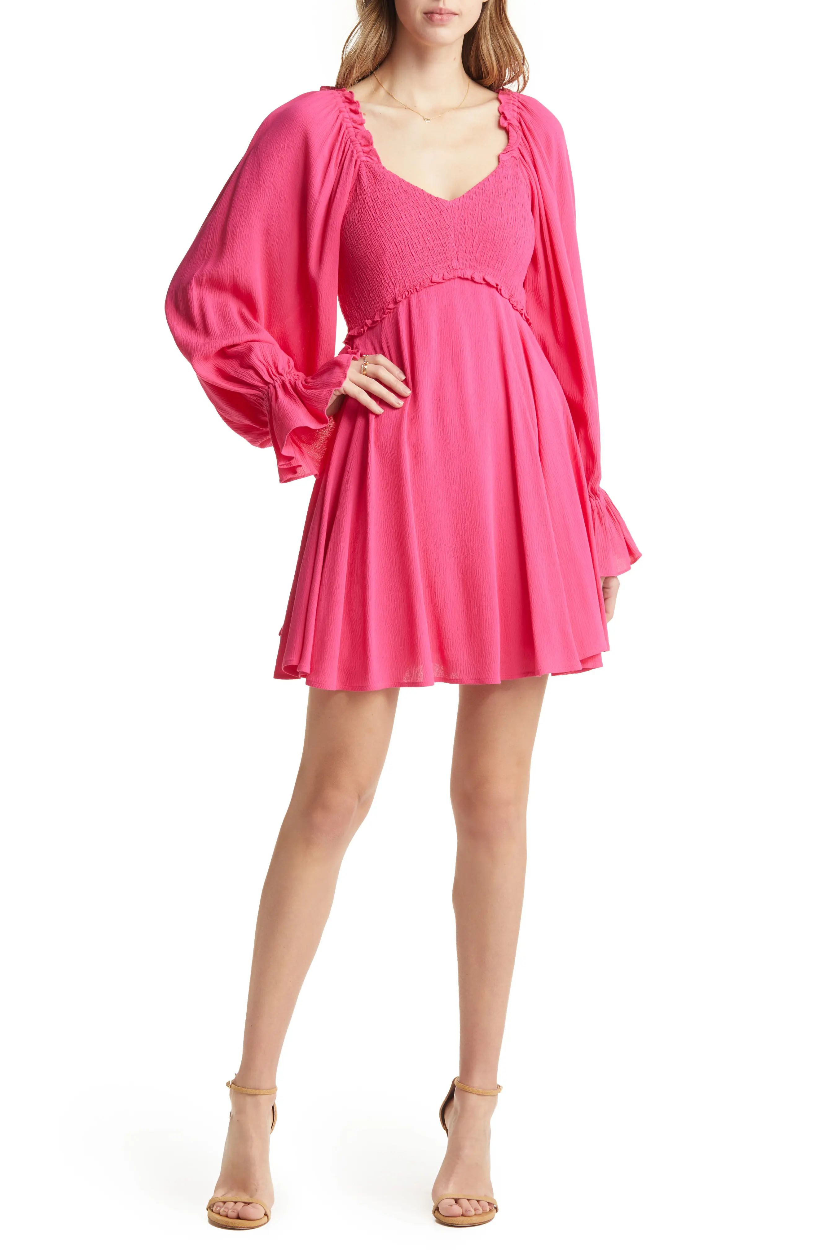 VICI Collection Smocked Long Sleeve Babydoll Dress in Hot Pink at Nordstrom, Size Medium | Nordstrom