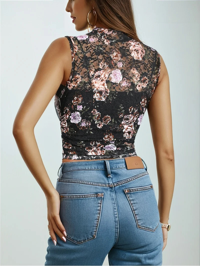 JWD Women's Blouses Sleeveless Lace Top Mock Neck Sexy Mesh See Through Tee Shirts Party Club Lac... | Walmart (US)