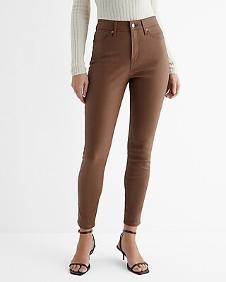 High Waisted Brown Coated Skinny Jeans | Express