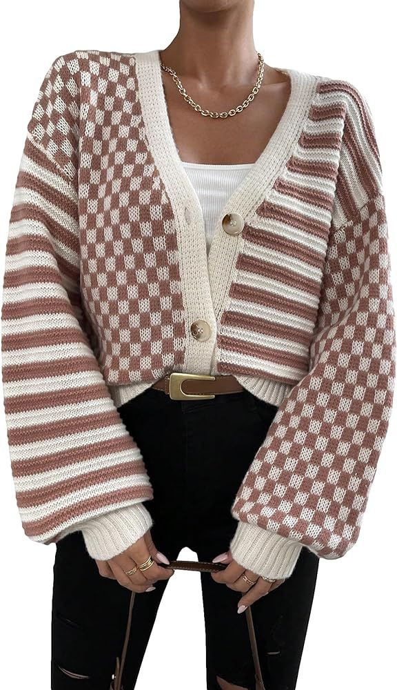 Verdusa Women's Lantern Sleeve Checker Striped Button Down Sweater Cardigan | Amazon (US)