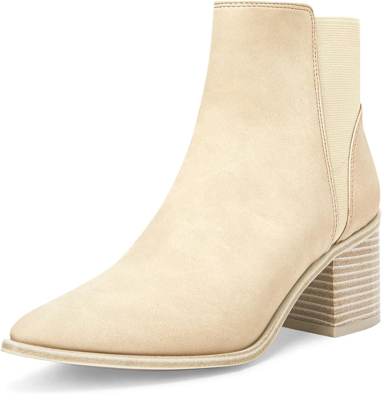 Coutgo Womens Pointed Toe Ankle Boots Elastic Chunky Block Stacked Mid Heel Slip On Chelsea Booties | Amazon (US)